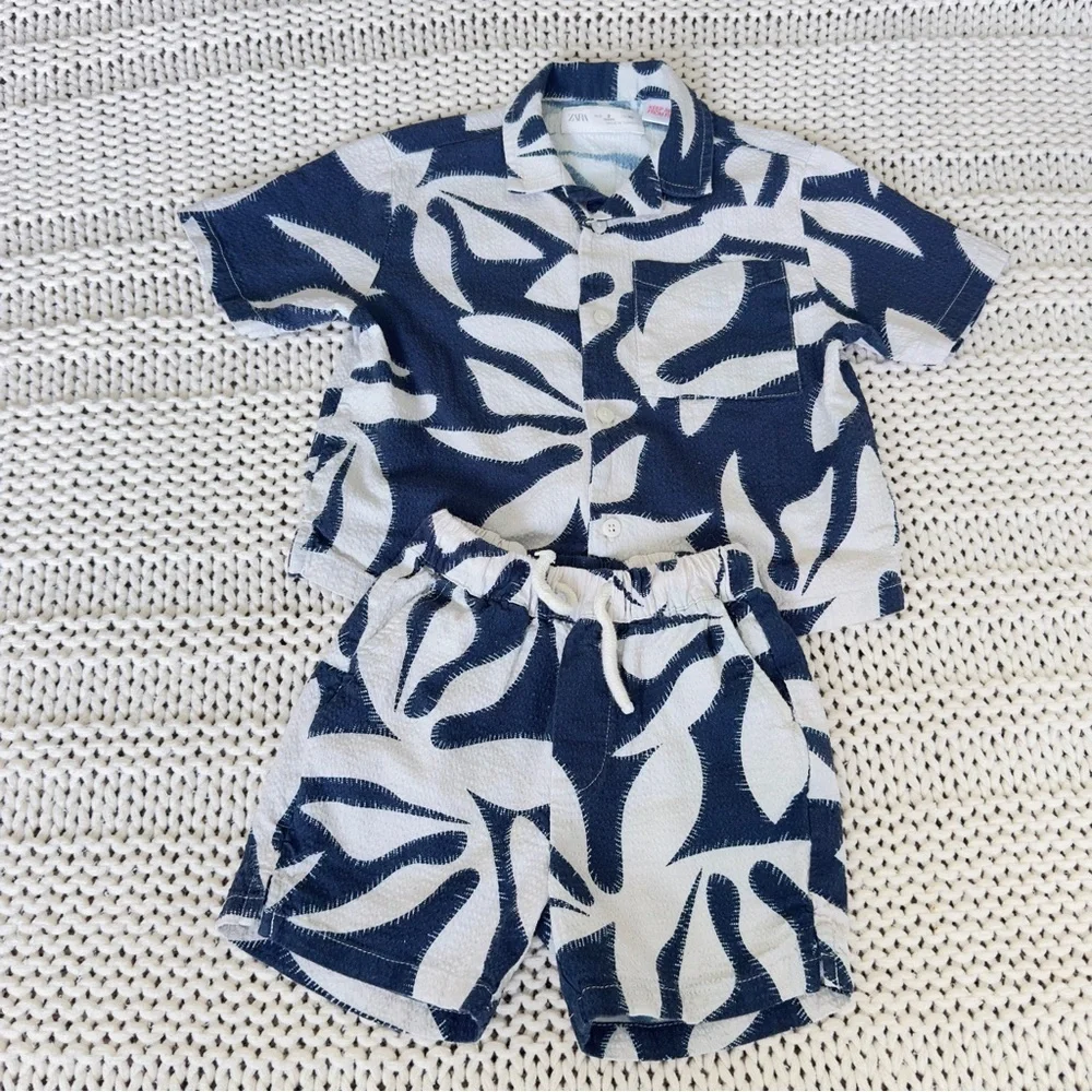 Zara Tropical Navy Blue Print Shirt and Shorts Toddler Set Size 2T